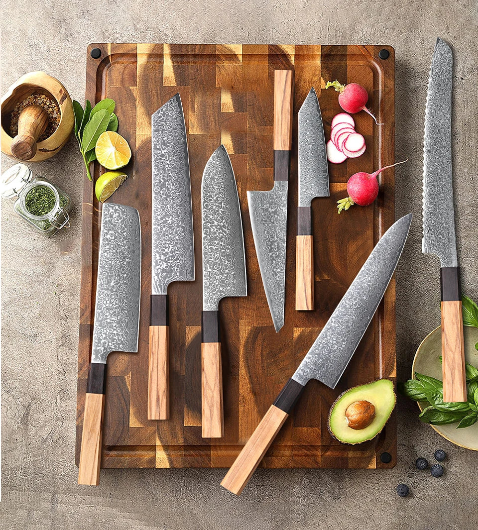 DASHWAY 1PC-7PCS Professional Kitchen Knives Set Utility Santoku Bread Japanese Handmade 67 Layer Damascus Steel Chef Knife