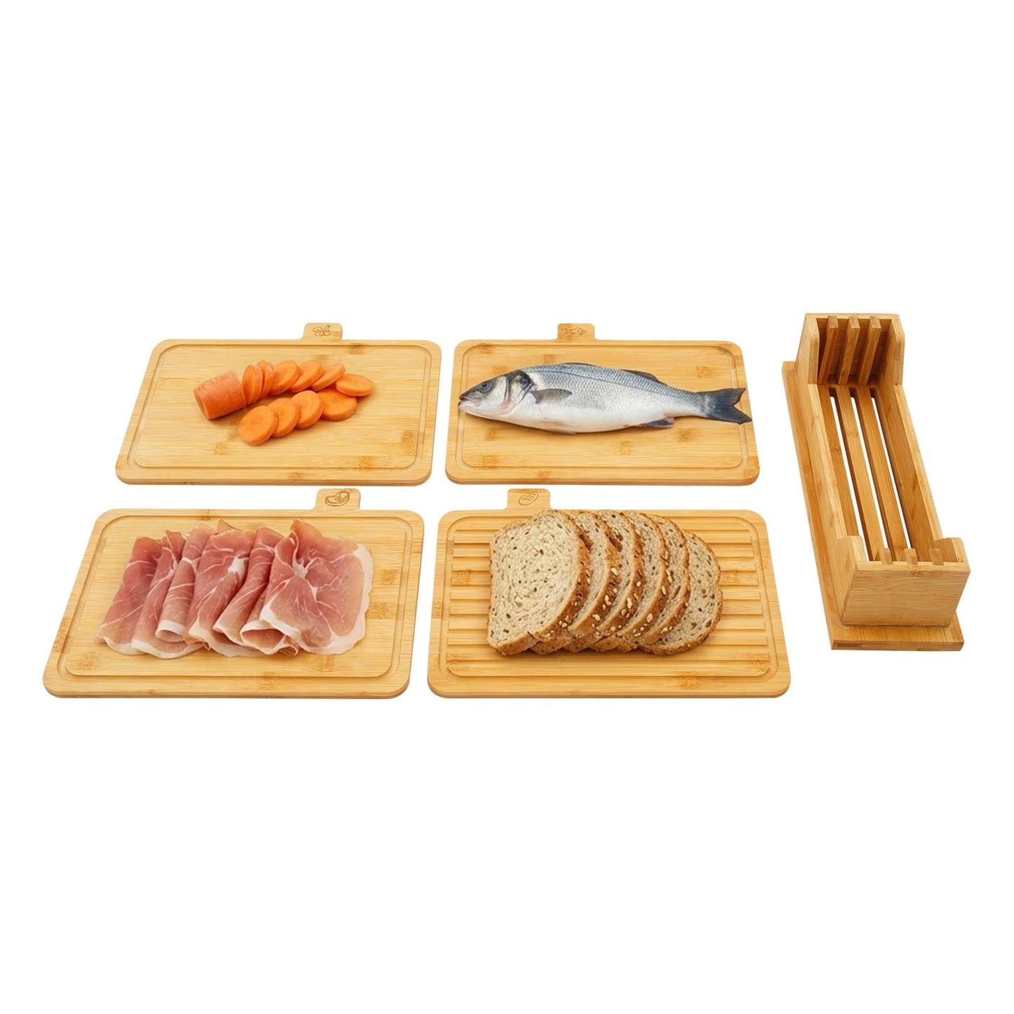33.53*22.61 cm Bamboo Cutting Board, Chopping Boards Set With Food Icons, 4-Piece Bamboo Cutting Board Set With Holder
