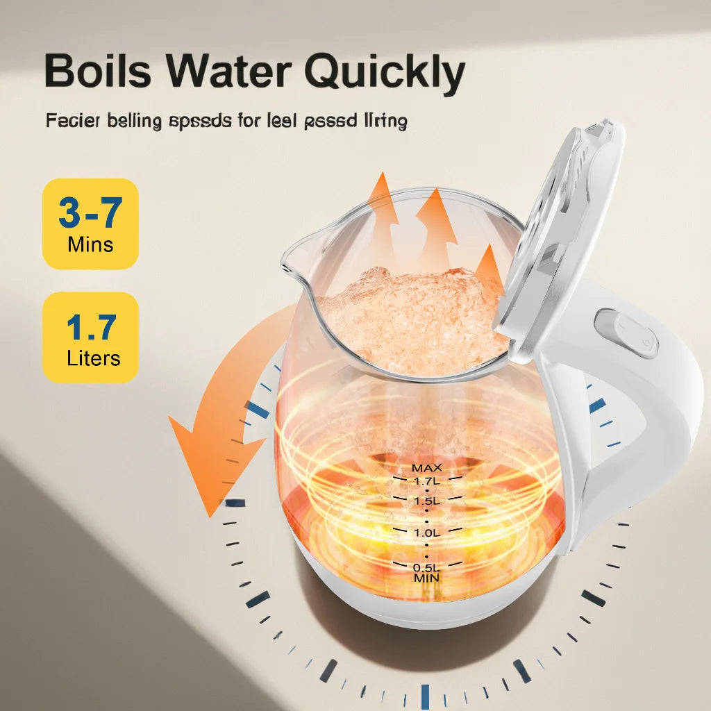 Electric Kettle with Water Dispenser - 1.7L Elegant Glass Tea Pot, 1200W Fast Boiling, LED Indicator, Auto-Shutoff