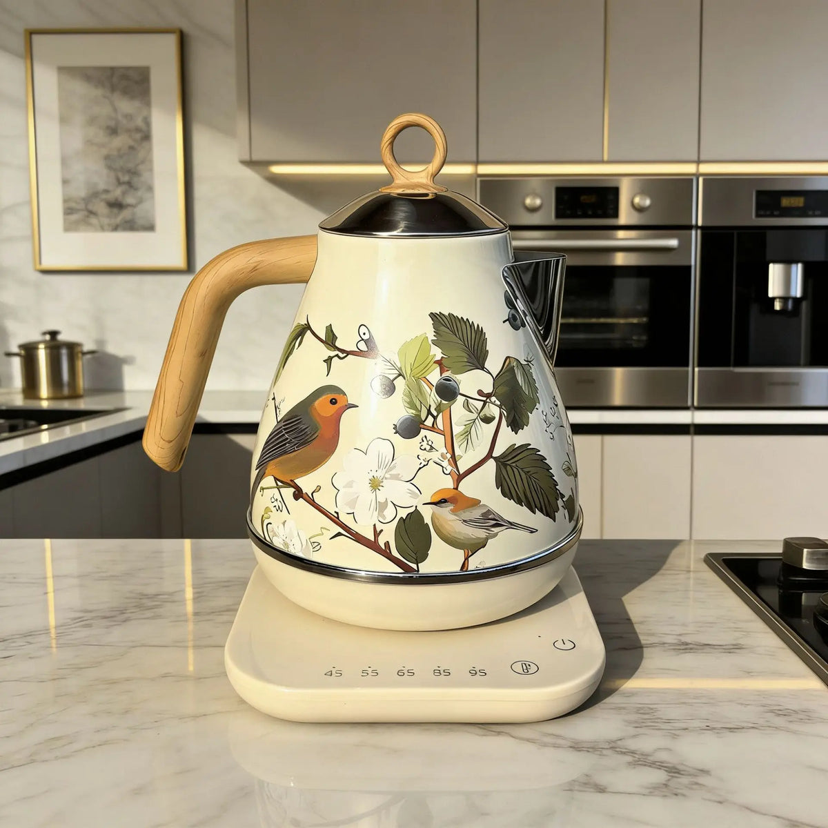 1.7L Retro Decal Electric Kettle Wood Grain Handle 304 Stainless Steel Temperature Control Teapot Home Auto Keep Warm Kettle