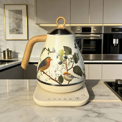 1.7L Retro Decal Electric Kettle Wood Grain Handle 304 Stainless Steel Temperature Control Teapot Home Auto Keep Warm Kettle