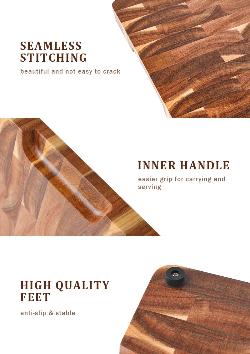 High Quality 15 inch Rectangular Cutting Board End Grain Acacia Wood Chopping Board with Side Handle