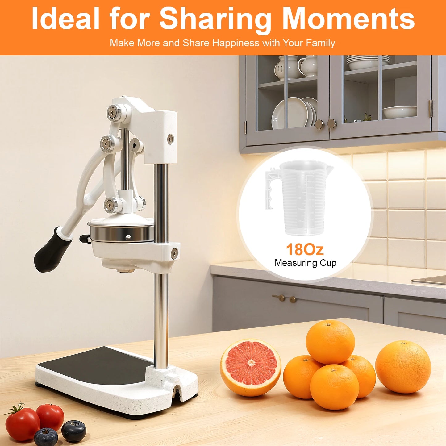 Manual Juicer – 304 Stainless Steel + Aluminum Alloy – Dual Press Heads (Pointed & Flat) – Rotating Gravity Rod – 500ml Measuring Cup – 40mm Base – Suction Cups – for Orange Lemon Pomegranate