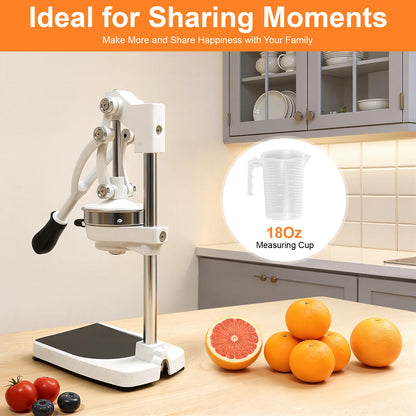 Manual Juicer – 304 Stainless Steel + Aluminum Alloy – Dual Press Heads (Pointed & Flat) – Rotating Gravity Rod – 500ml Measuring Cup – 40mm Base – Suction Cups – for Orange Lemon Pomegranate