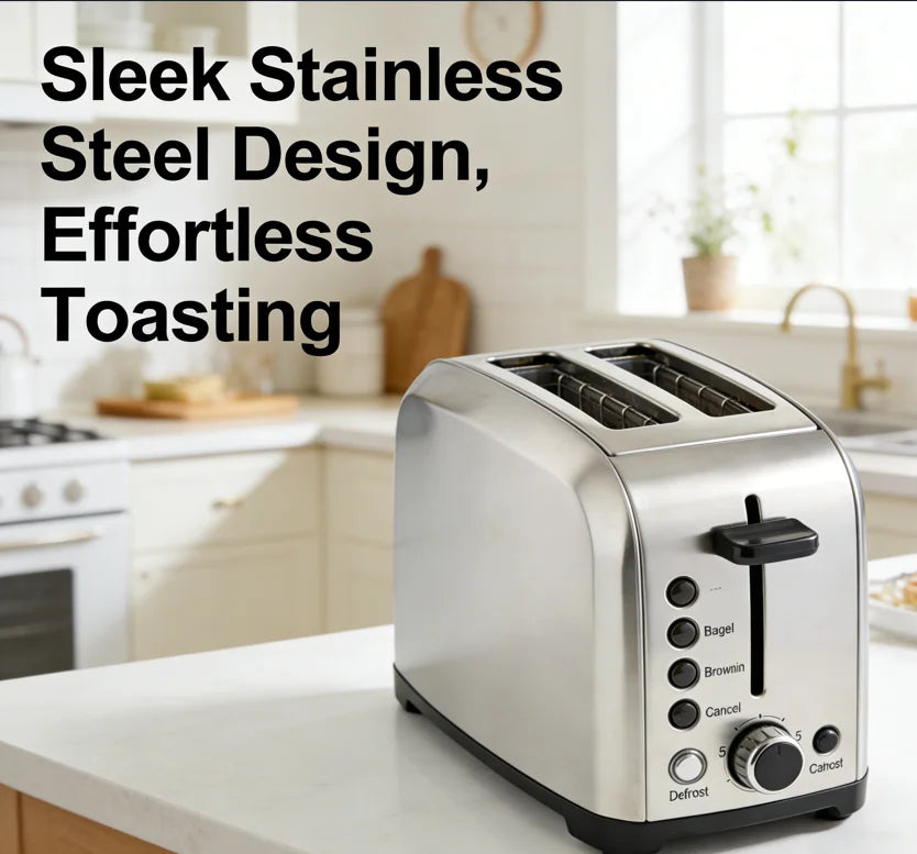 2 Slice Stainless Steel Toaster 1.5" Wide Slot 5 Browning Settings Bagel Defrost Cancel Function