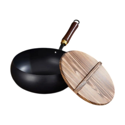 Nonstick Wok, Chinese Wok, Flat Bottom Cookware Stir Fry Pan with Wooden Lid for Kitchen Home Restaurant