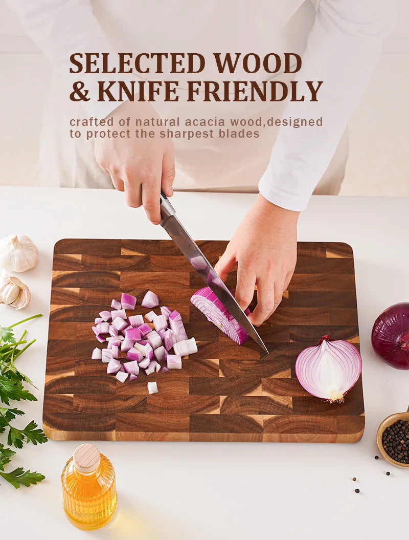 High Quality 15 inch Rectangular Cutting Board End Grain Acacia Wood Chopping Board with Side Handle
