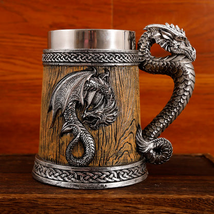 2026 Medieval Large Dragon Barrel Beer Tankard 304 Stainless Steel Inner Tea Coffee Mug Stein Cup 500 ml