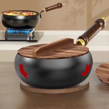 Healthy Hand Forging Cast Iron Pot NonStick Uncoated Frying Pan with Wooden Lid Chinese Wok Induction Cooker Gas