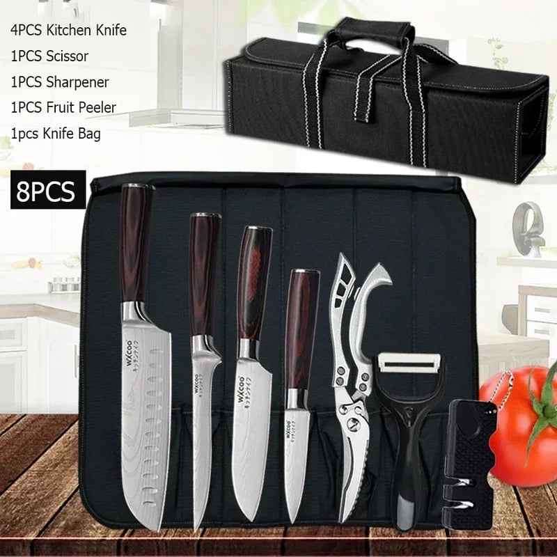 WXCOO Professional Chef Knife Damascus Japanese Stainless Steel Kitchen Boning Knives Set with Roll Canvas Bag