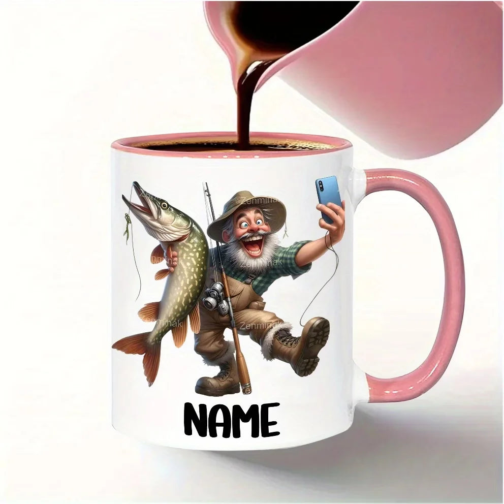 1PC 11oz Custom Ceramic Mug, Custom Name & Text, Fishing Pattern, Perfect Gift for Fishing Lovers