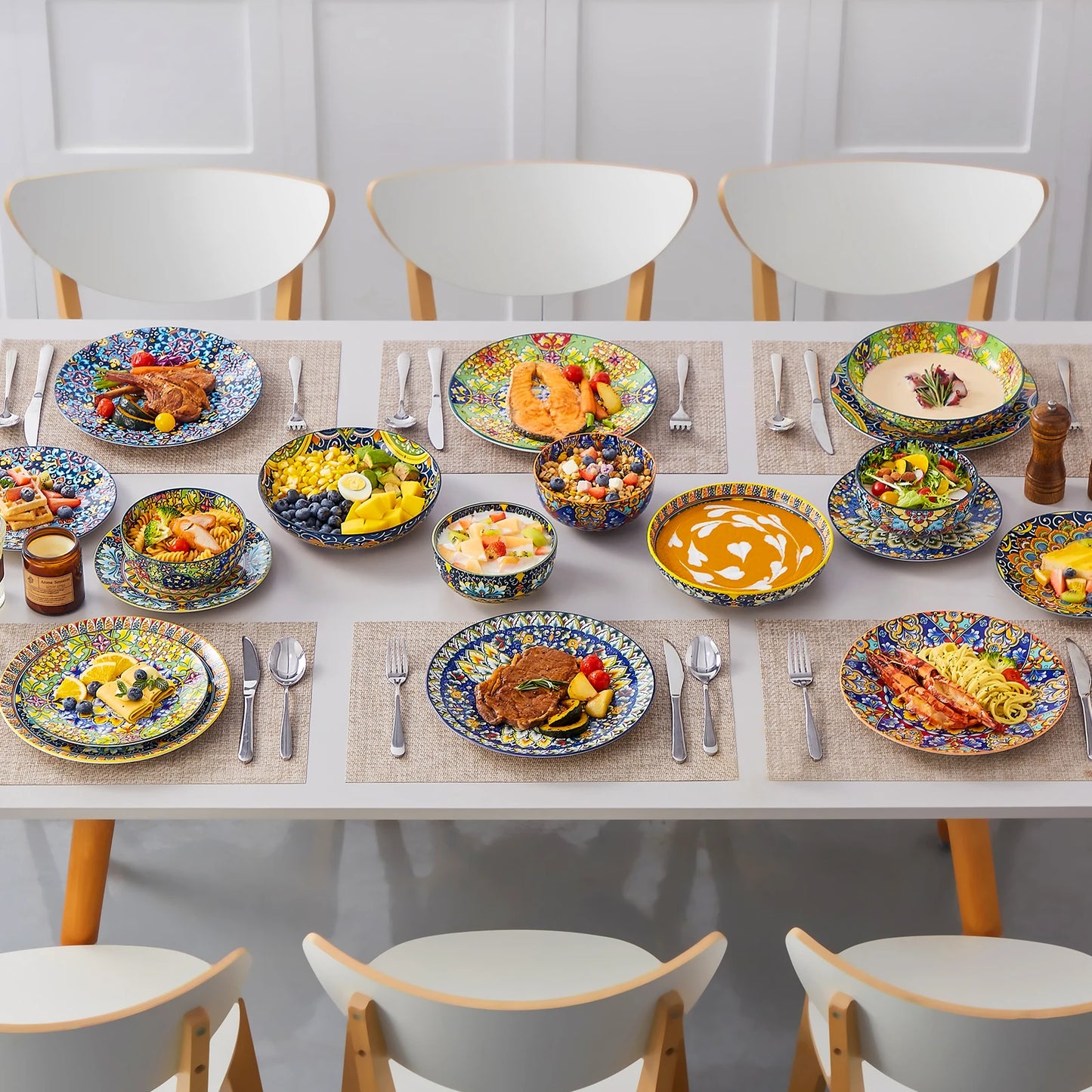 vancasso 24 Pcs Dinnerware Sets Bohemian Double Side Porcelain Ceramic Plates Set with 6PCS Dinner Plate/Dessert Plate/Soup/Bowl