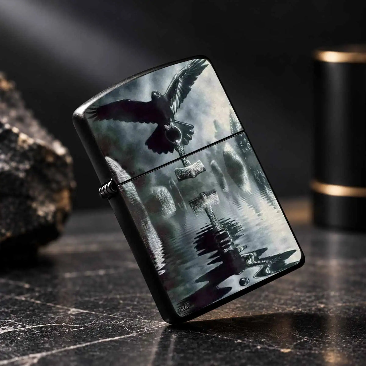 Norse Mythology Themed Lighter With Art Print Of Raven Holding Mjolnir, Misty Ancient Circle Aesthetic Original Design, Portable Delicate Practical Accessory Suitable For Daily Outdoor Gatherings And Various Occasions, Creati