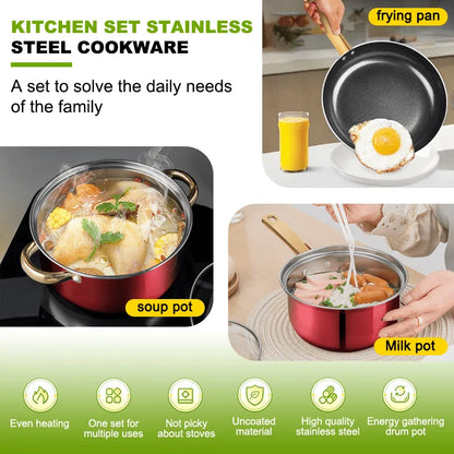 us12pcs Red Pot Set, Stainless Steel, Non-Stick Pan, Kitchen Cookware Set, Non-Stick Cooking Set, A Variety of Pots to Meet All Kitchen Needs, The Most Beautiful And Practical Gift for Mothersd