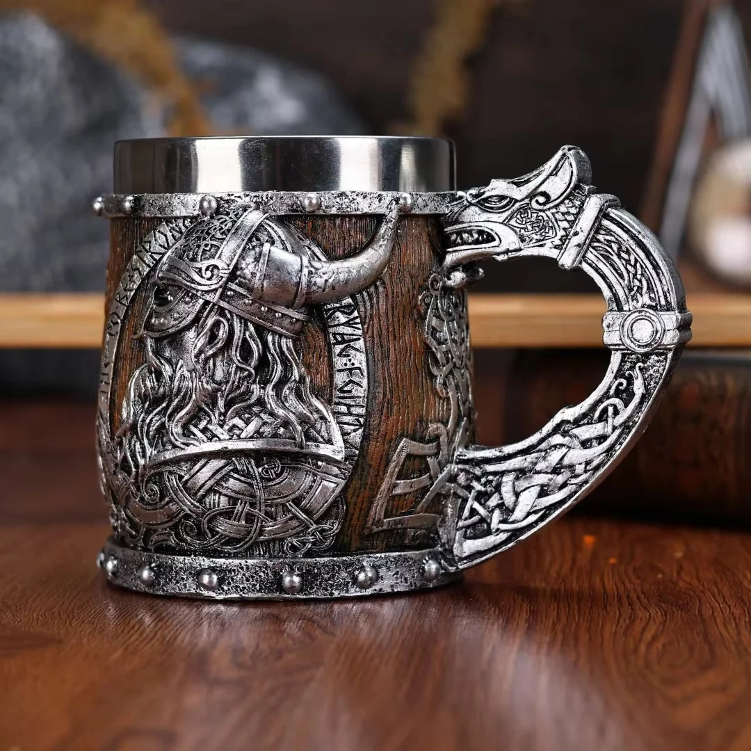 Viking Warrior Dragon Handle Beer Mug, Norse Rune Imitation Wood Resin Tankard with 304 Stainless Steel Liner