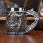 Viking Warrior Dragon Handle Beer Mug, Norse Rune Imitation Wood Resin Tankard with 304 Stainless Steel Liner