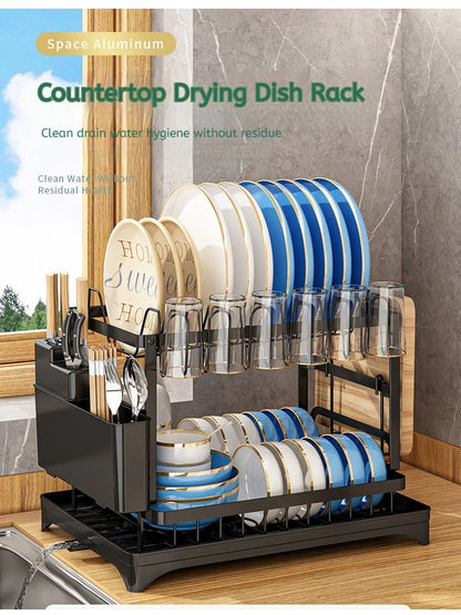 2 Tier Dish Drying Rack Kitchen Bowl Drainer Storage Rack Tableware Drain Chopsticks Knife Fork Water Cup Storage Holder 2 Tier