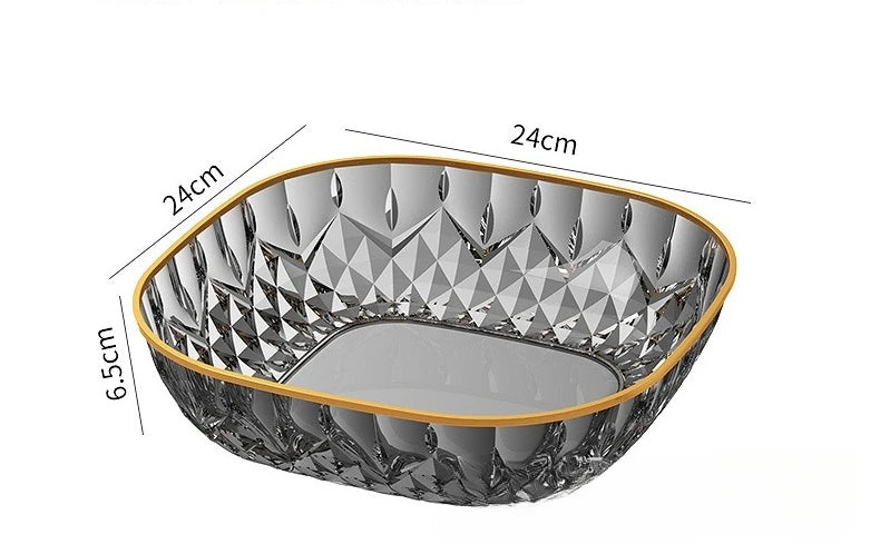 1pcs Household Fruit Bowl Salad Dessert Biscuit Plate Plastic Square Transparent Tray Golden Edge Snack Plates Tableware