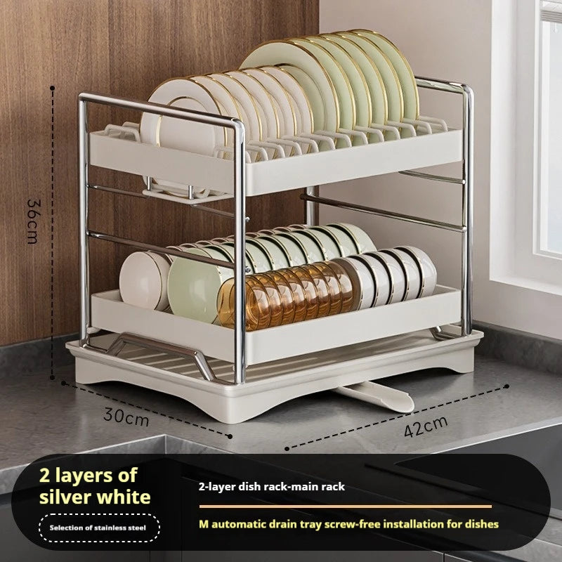 Dish Drying Rack 2-Tier Compact Kitchen Dish Rack Drainboard Set Large Rust-Proof Dish Drainer with Utensil Holder Kitchen Racks