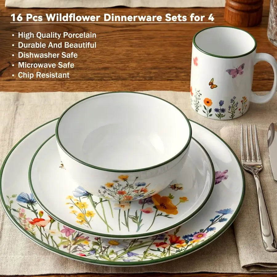 16 Pcs Wildflower Ceramic Dinnerware Set for 4 Guest Floral Dish Set Spring Butterfly Dinner Plates Salad Plates Bowl Mug Kitche