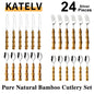 24Pcs Dinnerware Sets Original Nature Bamboo Handle Cutlery Stainless Steel Knife Fork Spoon Purely Natural Bamboo Tableware Set