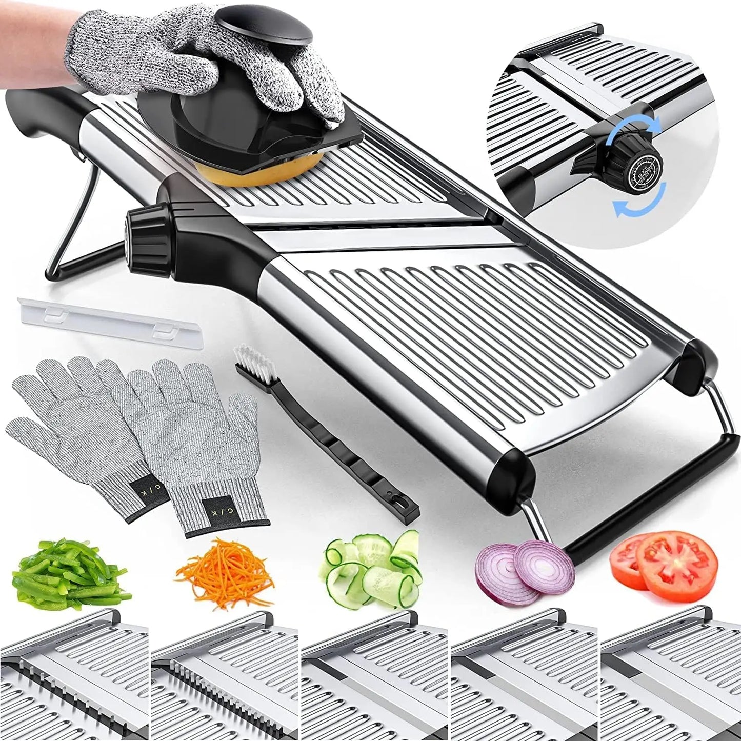 Mandolin Slicer, Suitable for Slicing Potatoes, Tomatoes, Carrots, Vegetables, Fruits, And Onions - Made of Stainless Steel - Comes with One Protective Glove