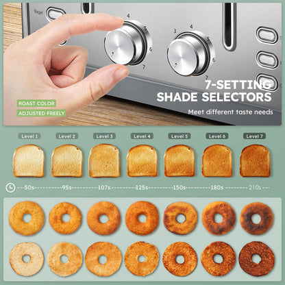 4 Slice Stainless Steel Toaster, Extra Wide Deep Slots for Thick Bread & Bagel, High Lift Lever Design, 7 Browning Shades with Warm Rack, Removable Crumb Tray, Silver Multipurpose Muffin Breakfast Toaster