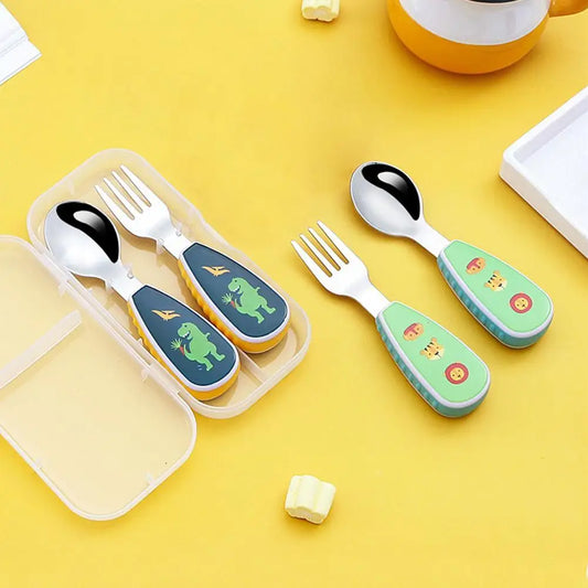 2Pcs Toddler Utensils Cute Toddler Feeding Spoon And Fork Set 304 Steel Cartoon Spoon And Fork Set