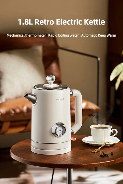 Retro 1.8L Electric Kettle with Mechanical Thermometer Stainless Steel Boil Water Tea Pot Automatic Power off Insulation Pot