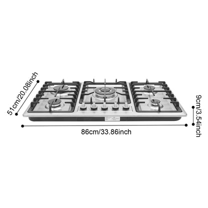 5-Burner Gas Cooktop Scratch Resistance Stainless Steel Gas Stove Simple Control for Home Kitchens/Restaurants/Hotels