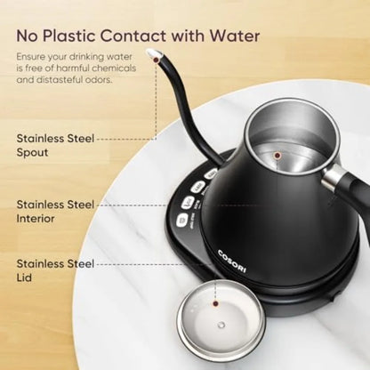 Electric Gooseneck Kettle with 5 Temperature Control Presets, Pour Over Kettle for Coffee and Tea, Hot Water Boiler, 100% Stain