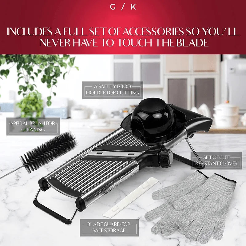 Mandolin Slicer, Suitable for Slicing Potatoes, Tomatoes, Carrots, Vegetables, Fruits, And Onions - Made of Stainless Steel - Comes with One Protective Glove