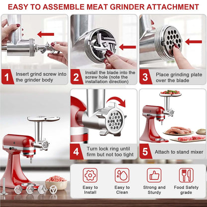 Meat Grinder and Slicer Shredder Attachments for KitchenAid Stand Mixer 2 Piece Set with Sausage Stuffer Tubes
