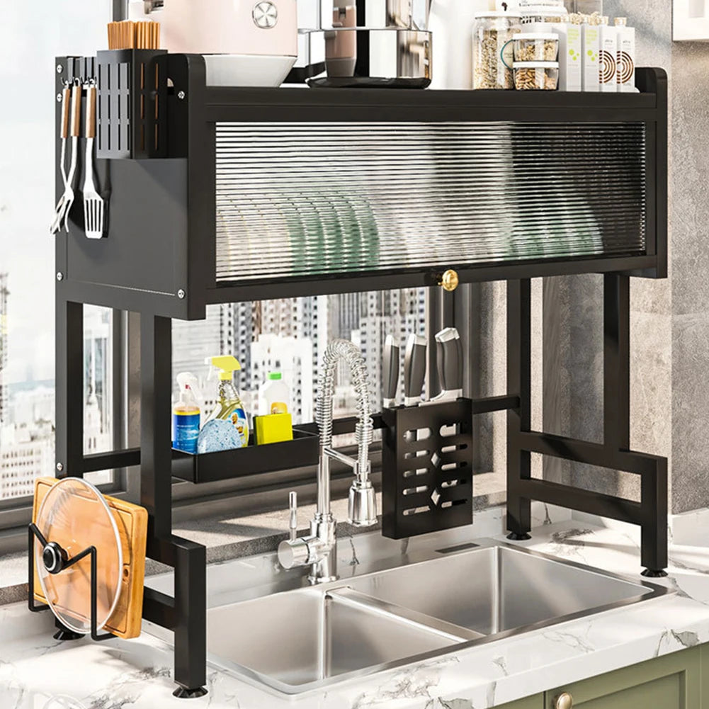 Kitchen Drain Shelf Steel Multi-Functional Kitchen Storage Rack Kitchen Sink Organizer Large Over The Sink Dish Rack with Cover