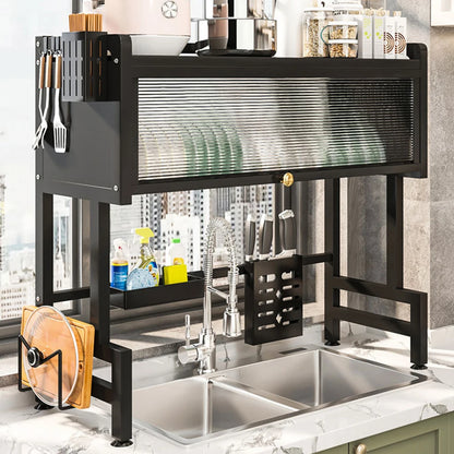 Kitchen Drain Shelf Steel Multi-Functional Kitchen Storage Rack Kitchen Sink Organizer Large Over The Sink Dish Rack with Cover