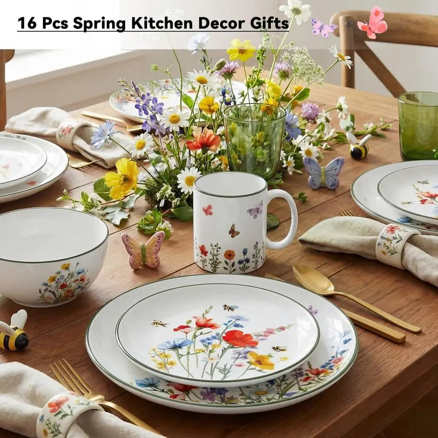 16 Pcs Wildflower Ceramic Dinnerware Set for 4 Guest Floral Dish Set Spring Butterfly Dinner Plates Salad Plates Bowl Mug Kitche