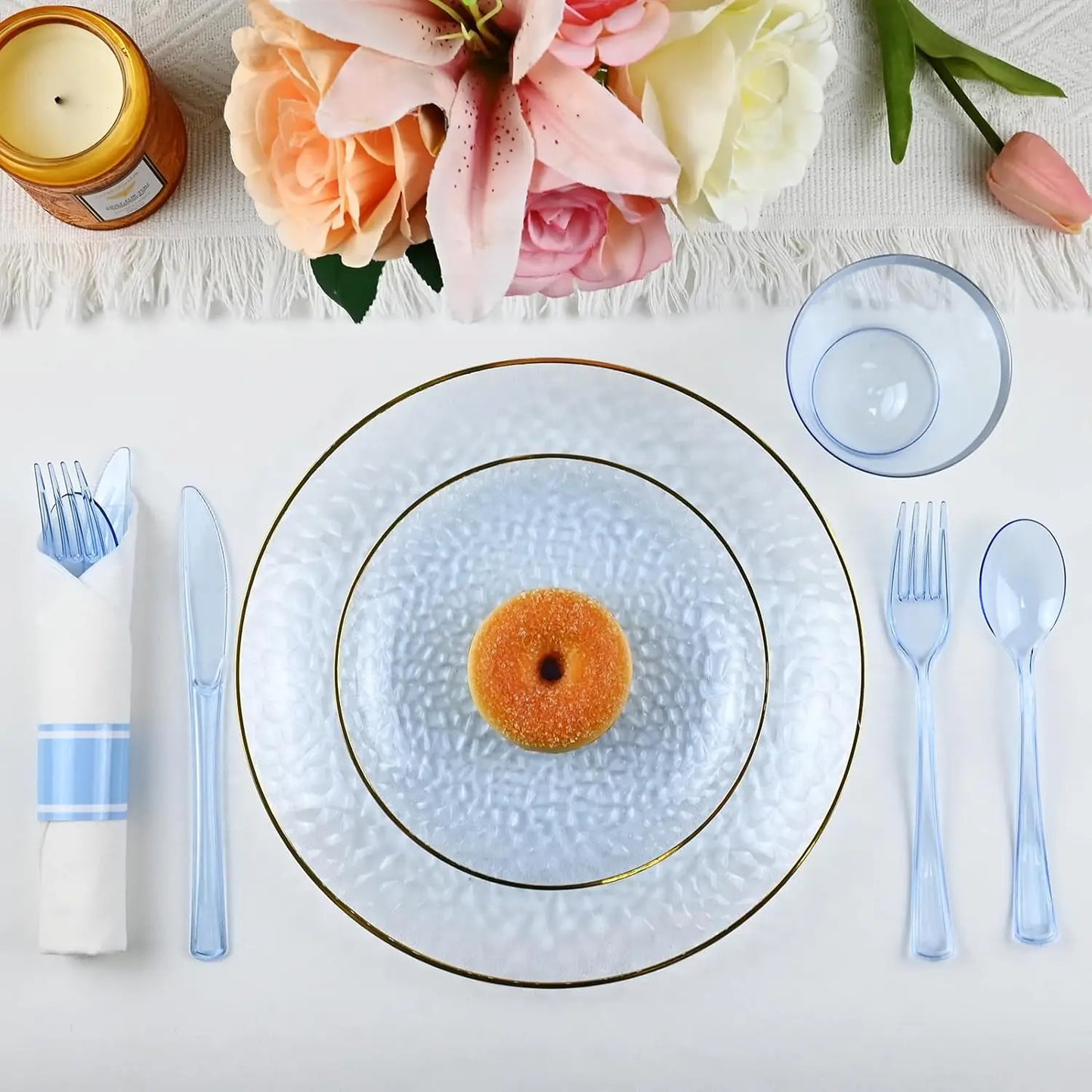 175PCS Gold and Blue Plastic Dinnerware Set – Clear Blue Disposable Plate with Gold Rim Include Dinner Plates, Dessert Plate