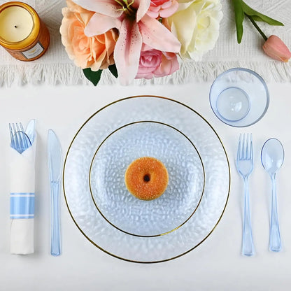 175PCS Gold and Blue Plastic Dinnerware Set – Clear Blue Disposable Plate with Gold Rim Include Dinner Plates, Dessert Plate
