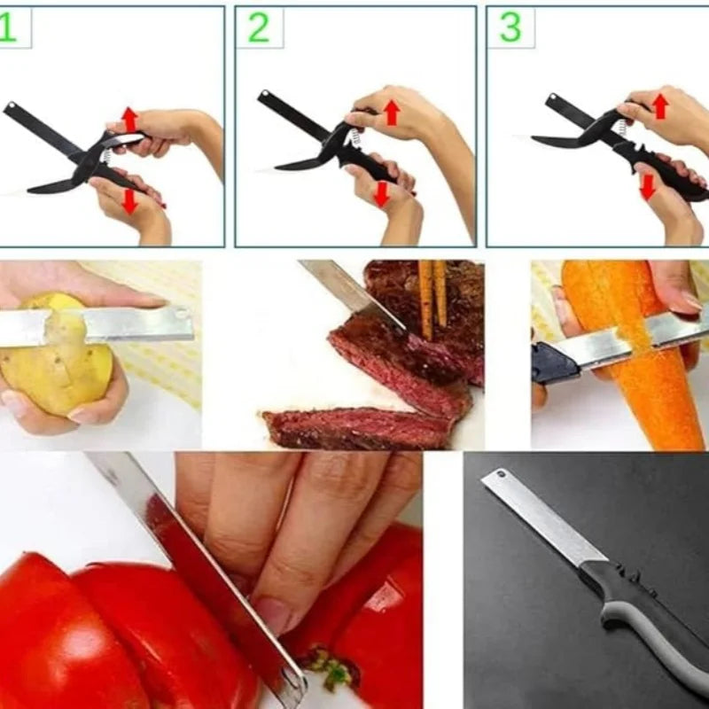 2 in 1 Kitchen Scissors for Food – Stainless Steel 9.5" Tomato Knife Chops Vegetables, Fruit, Cheese, Meat in Seconds | Dishwasher Cutting Board Scissors  – Mess-Free Prep