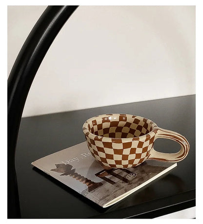 Checkerboard Shape Mug, Korean Retro Ceramic Coffee Mug, Office Latte Mug, Holiday Gift,Home Use Simple Water Cup