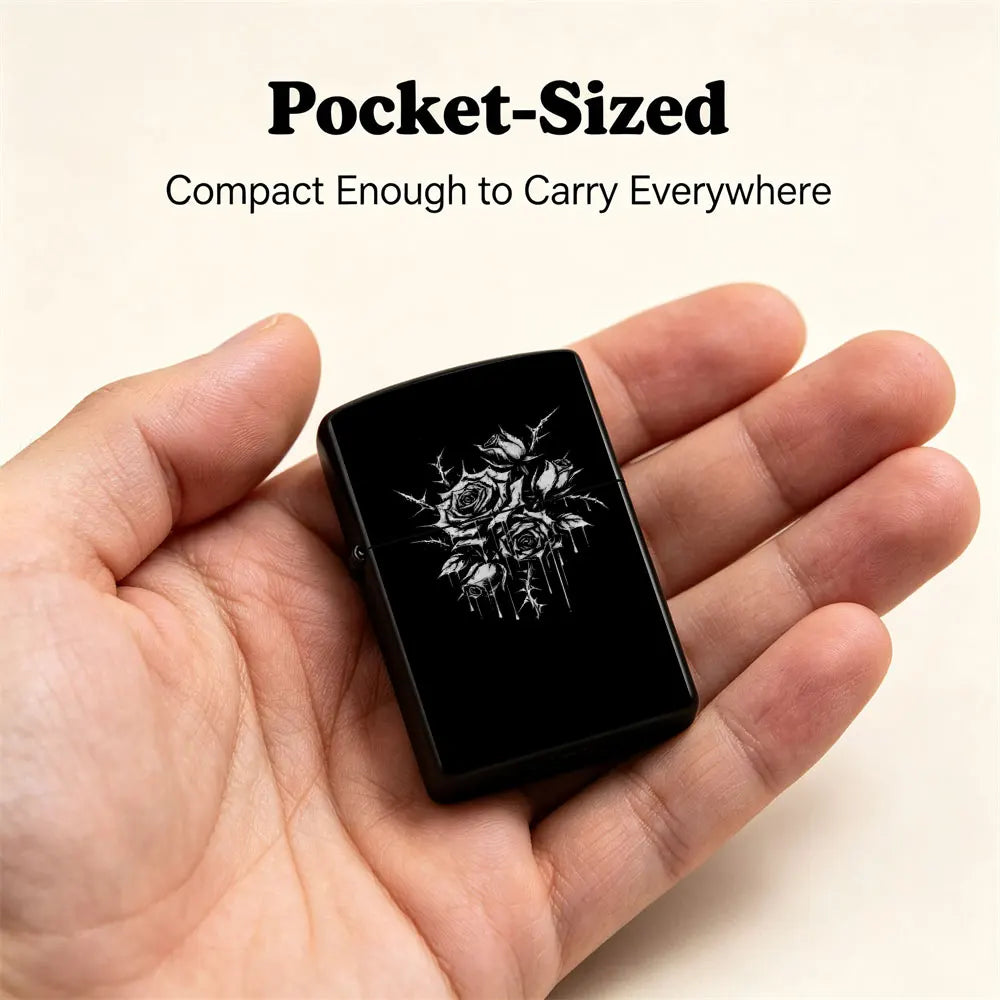 Pocket Lighter, Flip-Top Windproof Design, Metal Case with Black & White Rose Print Art, Comfortable Grip, Adjustable Flame, Portable & Durable - Ideal Gift for Smokers