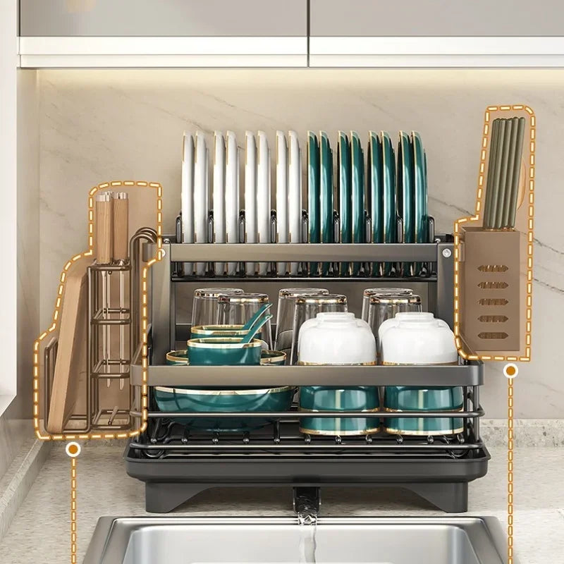 Kitchen Dish Drain Rack Plates Bowls Chopsticks Carbon Steel Storage Rack with Drain Board Sink Countertop Tableware Storage