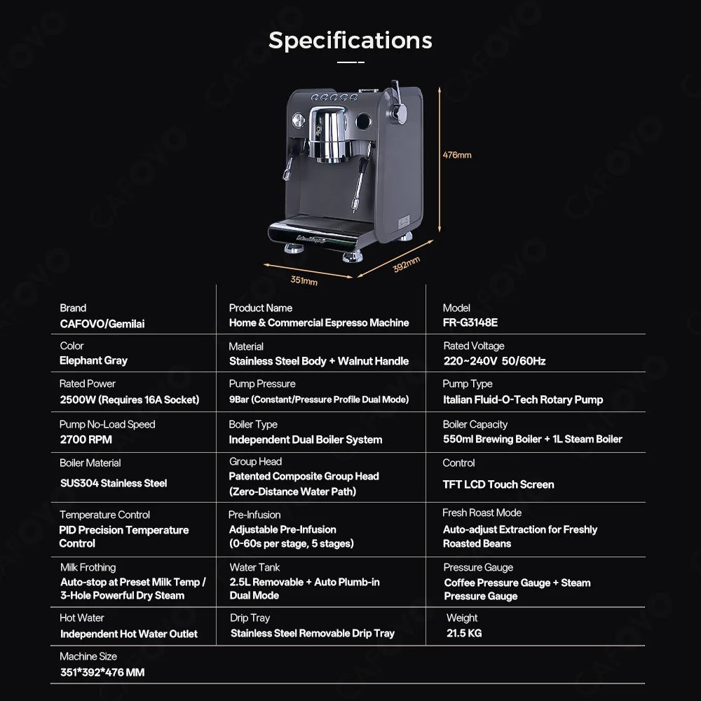 CAFOVO G3148E Commercial Espresso Machine Dual Boiler Rotary Pump TFT Pressure Profiling 9Bar PID Coffee Machine Café Barista