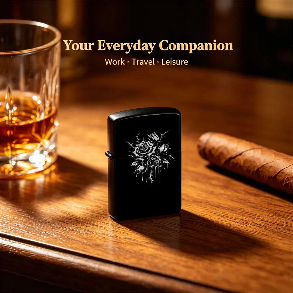Pocket Lighter, Flip-Top Windproof Design, Metal Case with Black & White Rose Print Art, Comfortable Grip, Adjustable Flame, Portable & Durable - Ideal Gift for Smokers