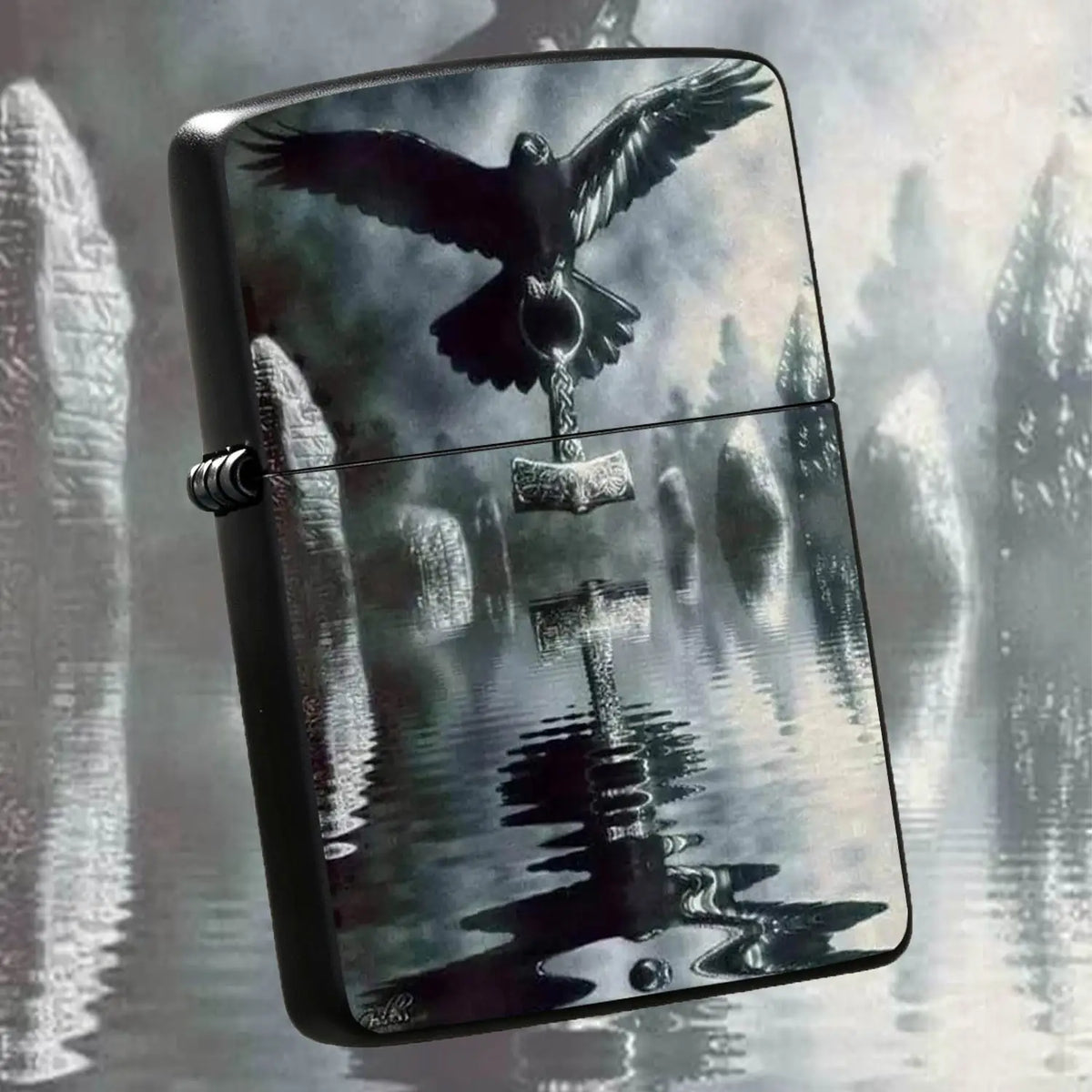 Norse Mythology Themed Lighter With Art Print Of Raven Holding Mjolnir, Misty Ancient Circle Aesthetic Original Design, Portable Delicate Practical Accessory Suitable For Daily Outdoor Gatherings And Various Occasions, Creati