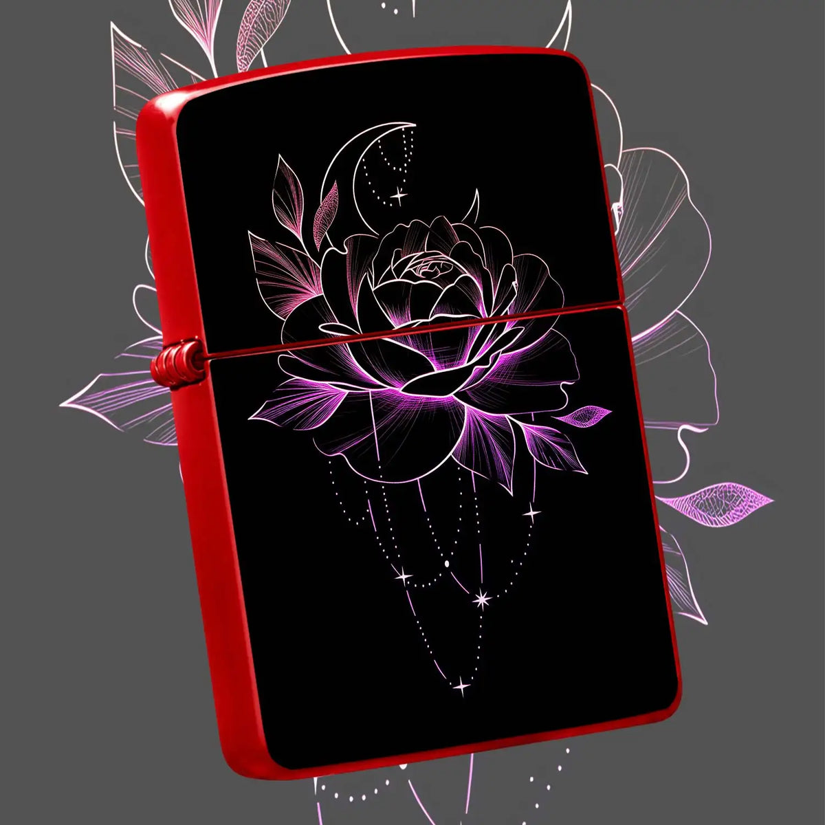 Neon Glow Crescent Moon Rose Lighter, Aesthetic Magenta Line Art Celestial Floral Pattern, Delicate Hangingcharm Decor, Stylish Portable Accessory For Daily Use, Gifting, Outdoor Camping And All Occasions, Smooth Touch A Humo