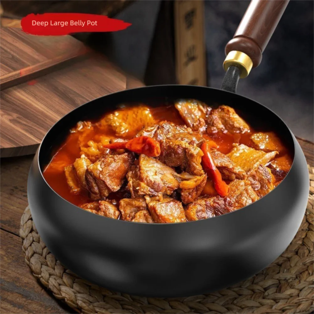 Healthy Hand Forging Cast Iron Pot NonStick Uncoated Frying Pan with Wooden Lid Chinese Wok Induction Cooker Gas