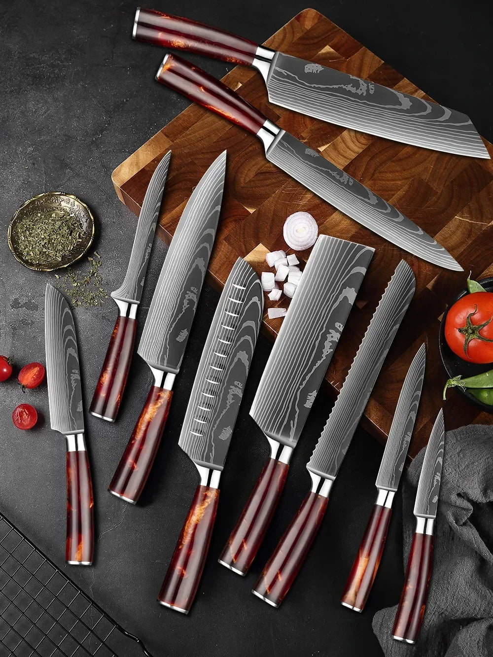 Damascus Pattern Knives Set Stainless Steel Chef Knife Japanese Santoku Knife Boning Knife Meat Cleaver Household Bread Knives