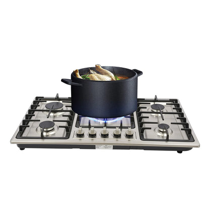 5 Burner Gas Cooktop 5 Burner Gas Stove 201 Stainless Steel Cast Iron Zinc Alloy Enamel Dual Countertop Drop-in NG Gas Hob Pulse Ignition Flame Failure Protection Independent Knob Easy Clean Home Hotel Restaurant Kitchen