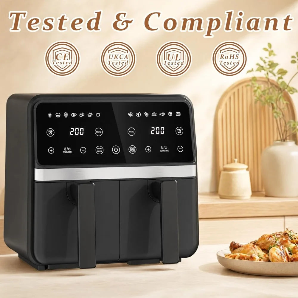Dual Air Fryer 9QT (2x4.5QT) 2200W, 2 Independent Baskets, Sync & Match Cooking for Family